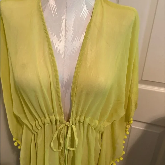 Nine West one size NWT $36 lime Sheer Kimono with Pom Pom Trim fun beach cover - Picture 10 of 11